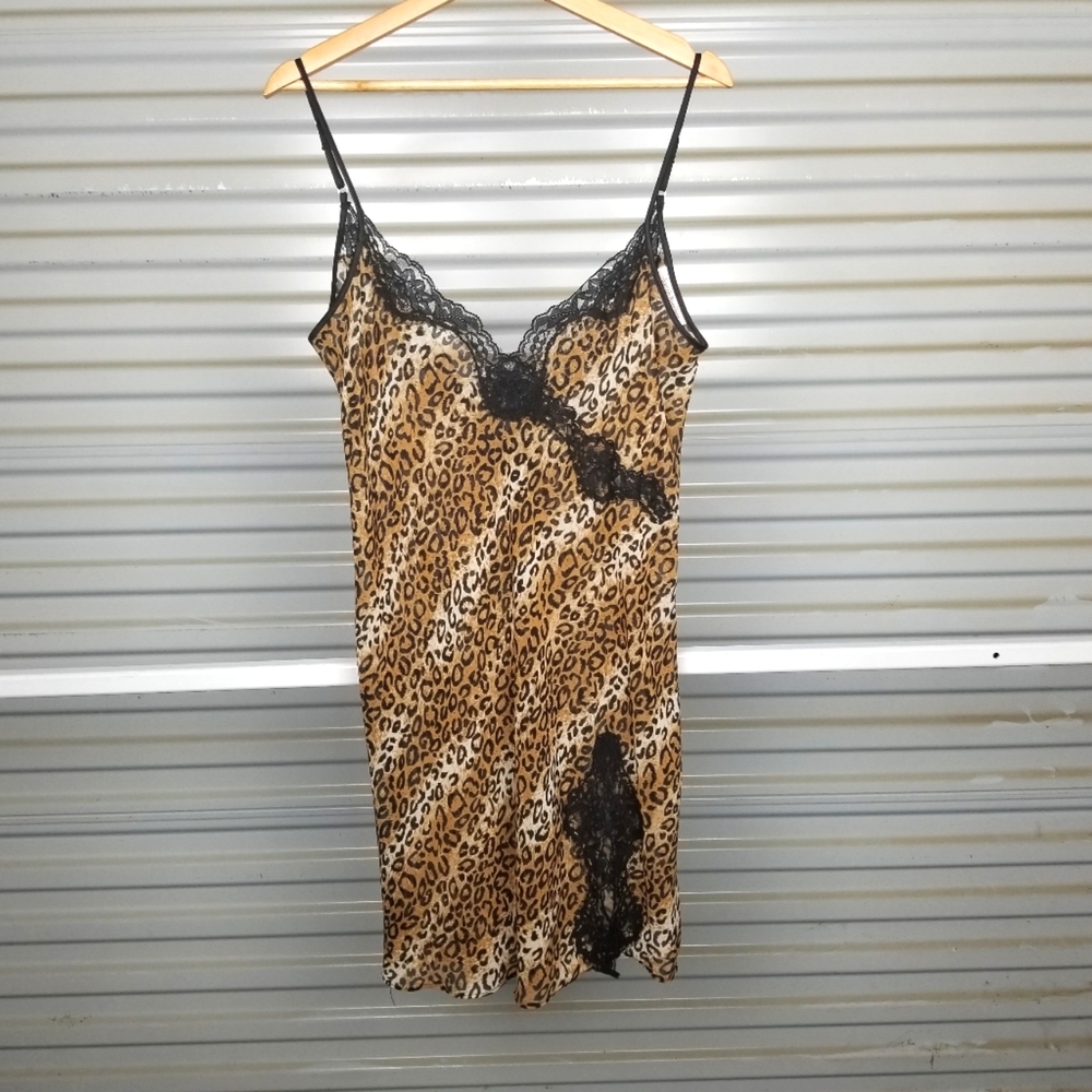Vintage Sheer Slip with lace slit Cheetah print